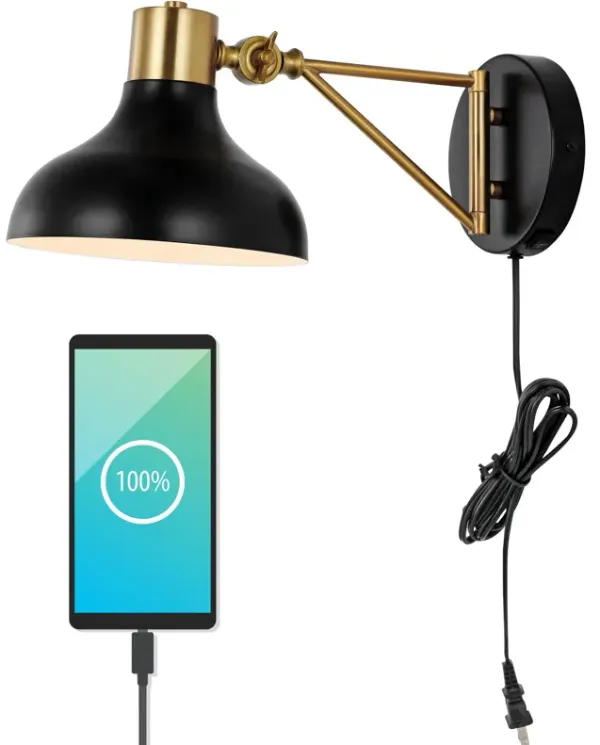 Lynn Swing Arm Modern Midcentury Iron USB Charging Port LED Sconce
