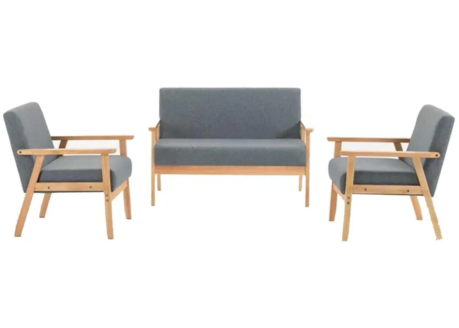 Gala 3 Piece Loveseat and Chair Set, Gray Fabric, Natural Brown Wood Frame