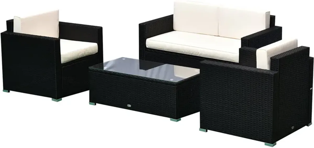 Black Rattan Relaxation: 4-Piece Outdoor Set with Cushioned Seating