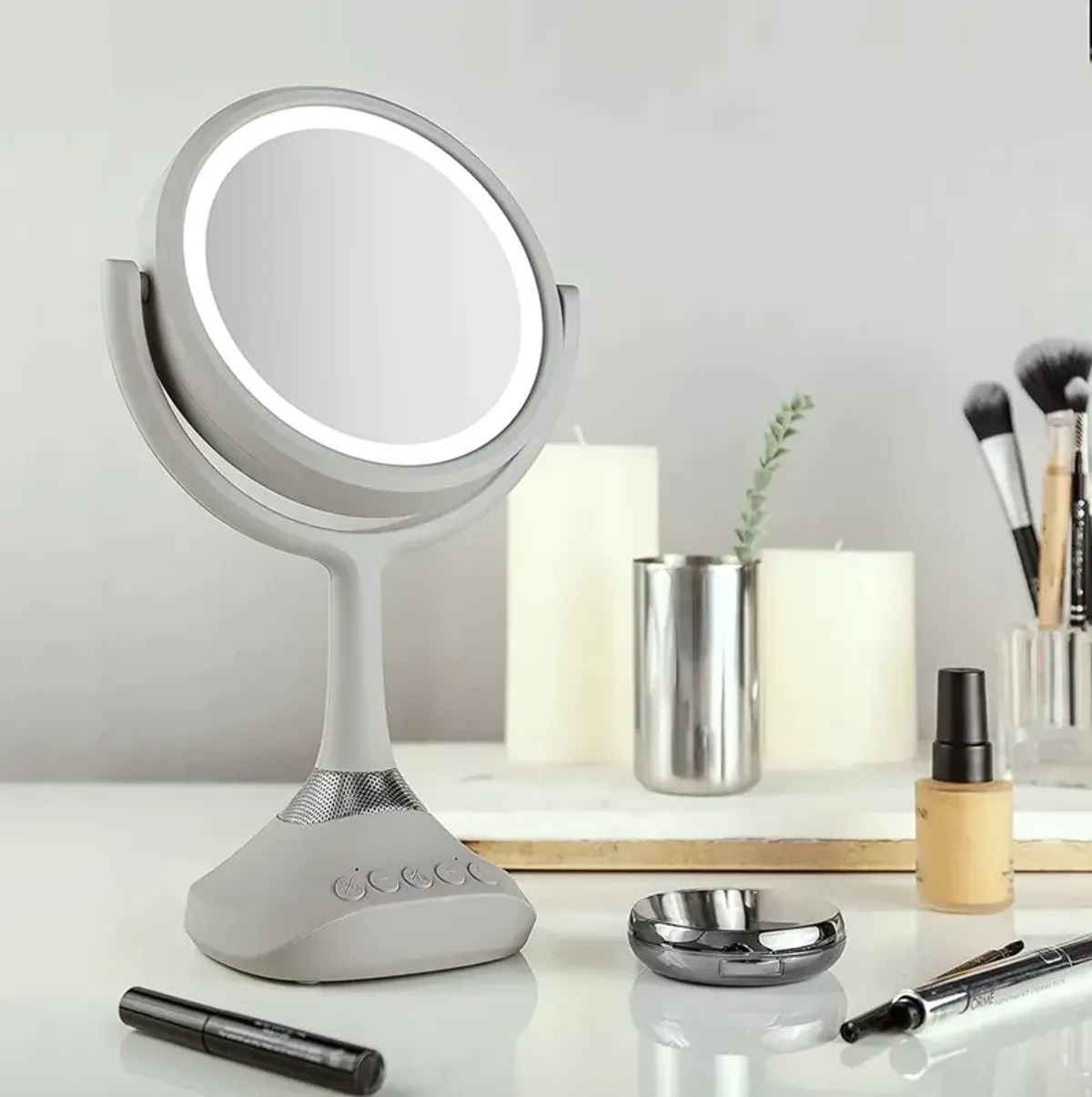 LED Rotating Mirror with Bluetooth Speaker & USB Charger Port