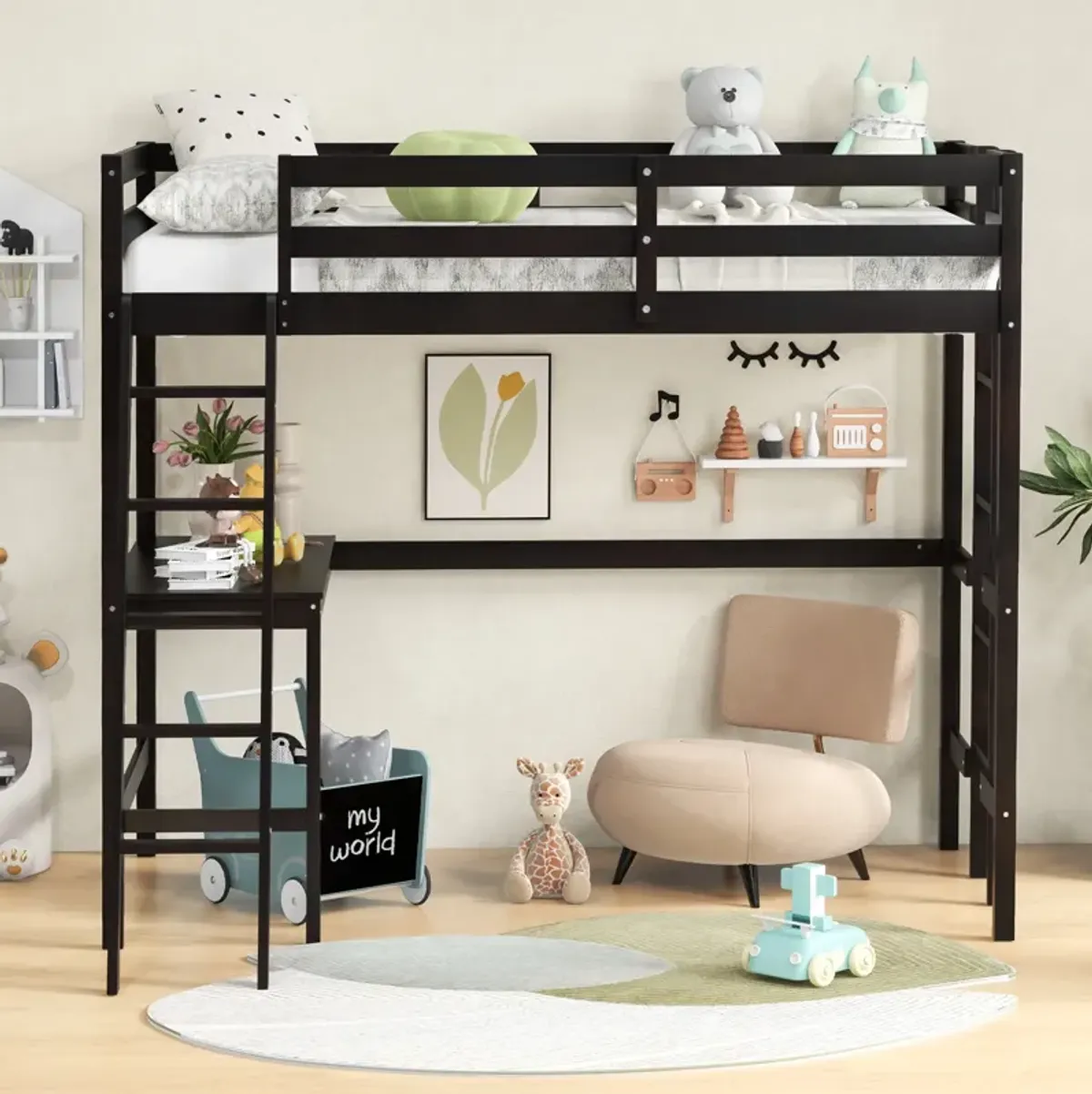 Twin Size Loft Bed Frame with Desk Angled and Built-in Ladder