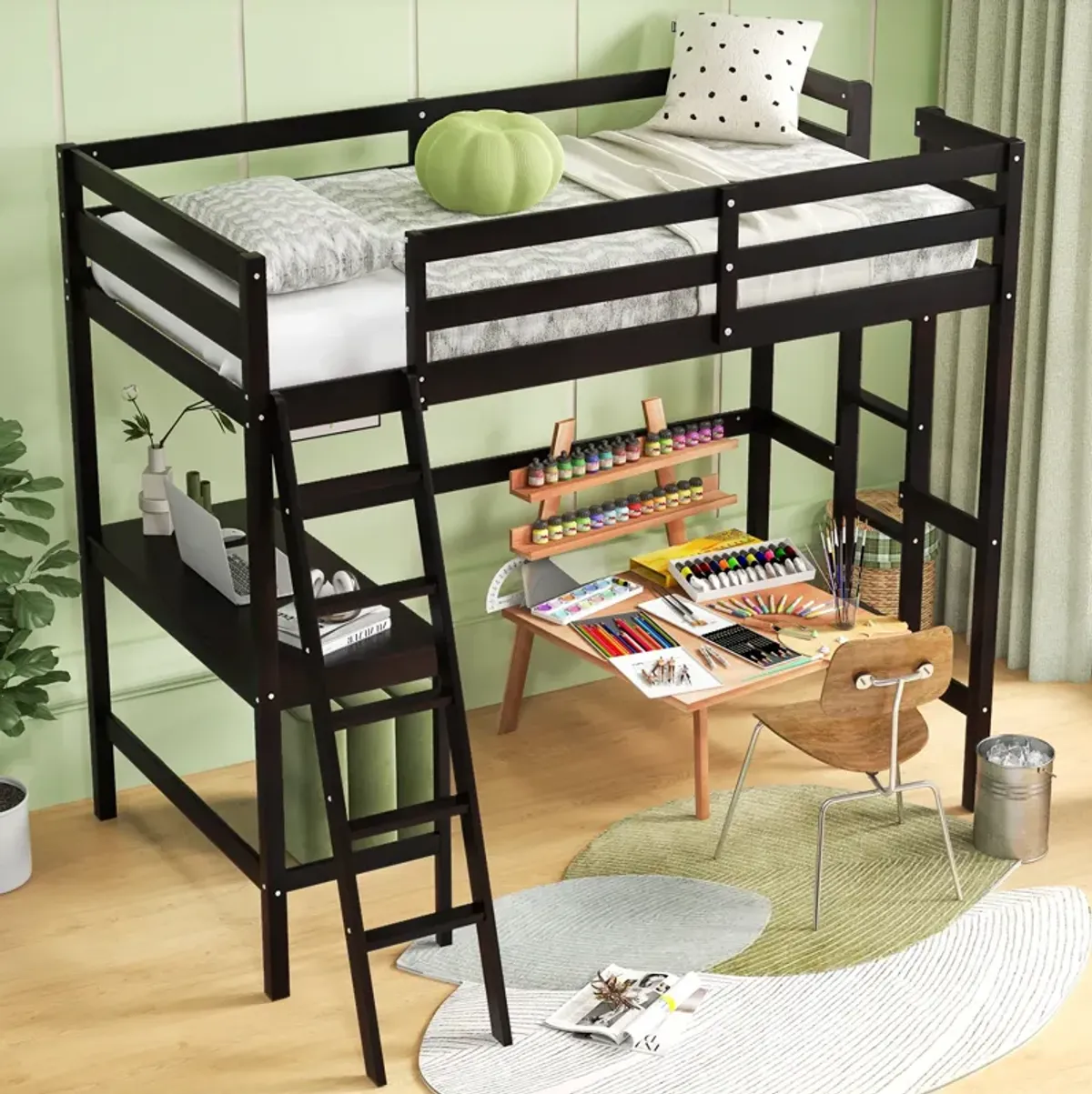 Twin Size Loft Bed Frame with Desk Angled and Built-in Ladder