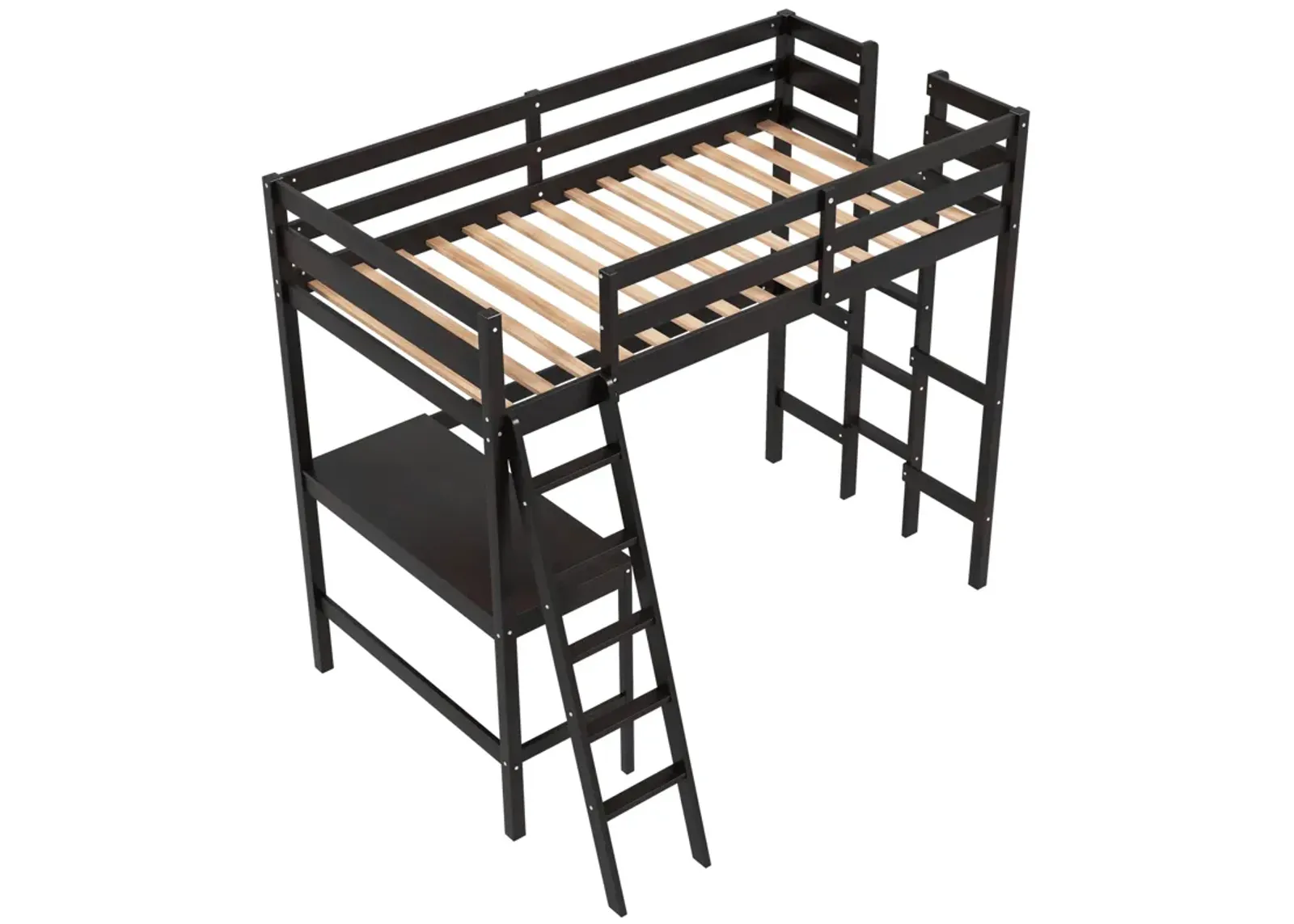 Twin Size Loft Bed Frame with Desk Angled and Built-in Ladder