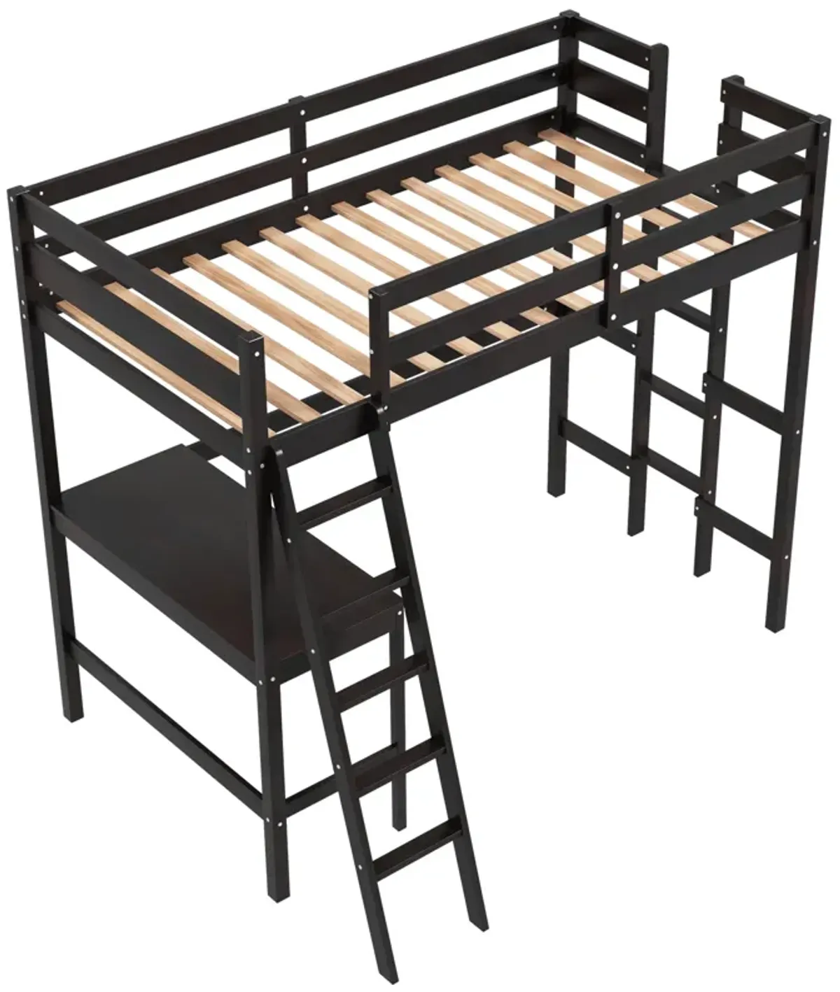 Twin Size Loft Bed Frame with Desk Angled and Built-in Ladder