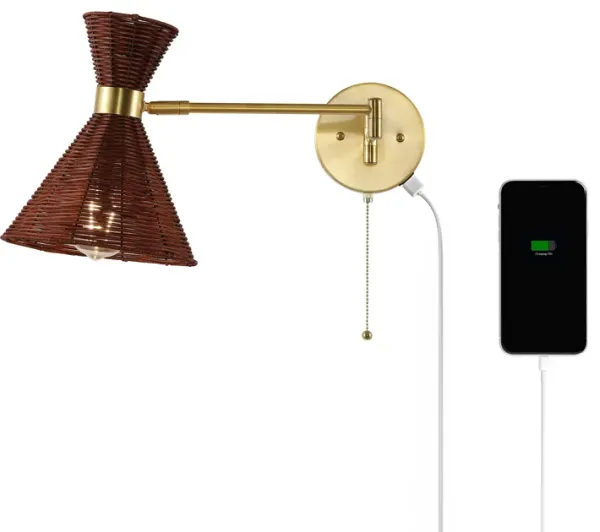 Lily 1-Light Mid-Century Vintage Retro Rattan/Metal USB Charging Swing Arm LED Sconce with Pull Chain