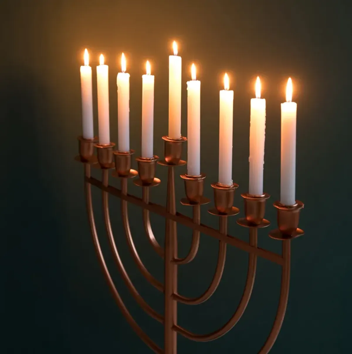 Modern Solid Metal Judaica Hanukkah Menorah 9 Branched Candelabra, Copper Medium