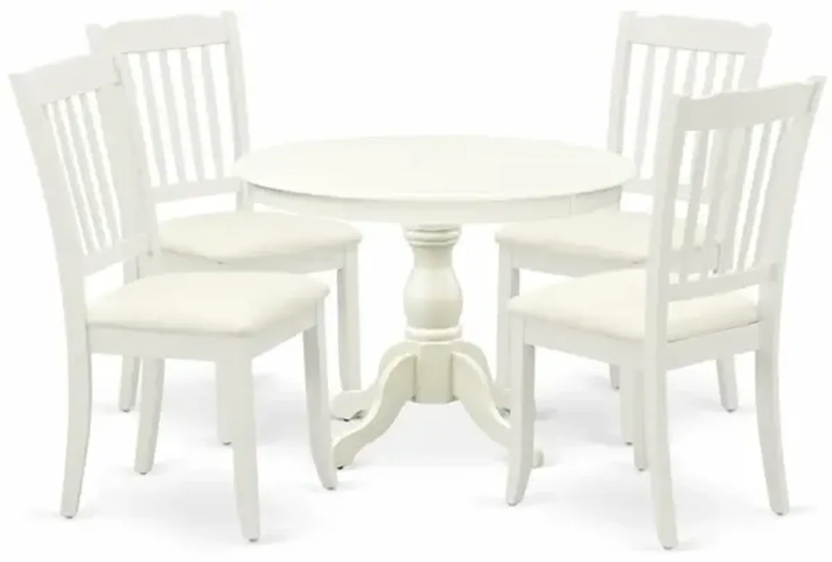 East West Furniture HBDA5-LWH-C 5 Piece Kitchen Set - Linen White Round Dining Table and 4 Linen White Dining Chairs with Slatted Back - Linen White Finish