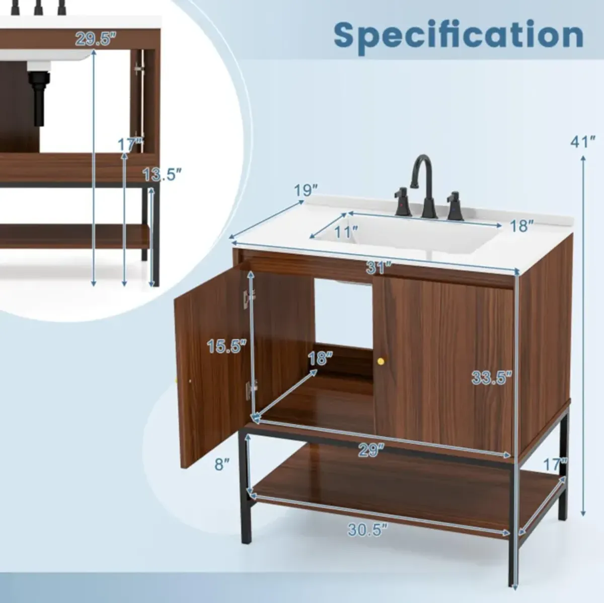 Hivvago 31 Inch Bathroom Vanity Sink Combo with Doors and Open Shelf