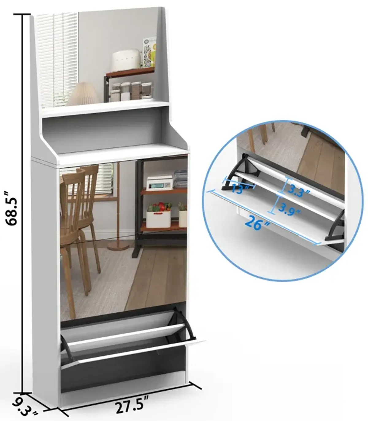 Shoe Cabinet with 3 mirrors,Shoe Storage Cabinet for Entryway,Vertical Shoe Cabinet for Front Door Entrance,Outdoor,Bedroom,White