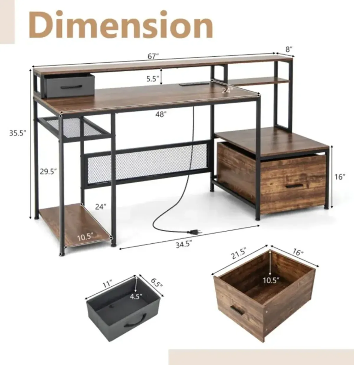 Hivvago 67 Inch Computer Desk with Monitor Stand & File Drawer