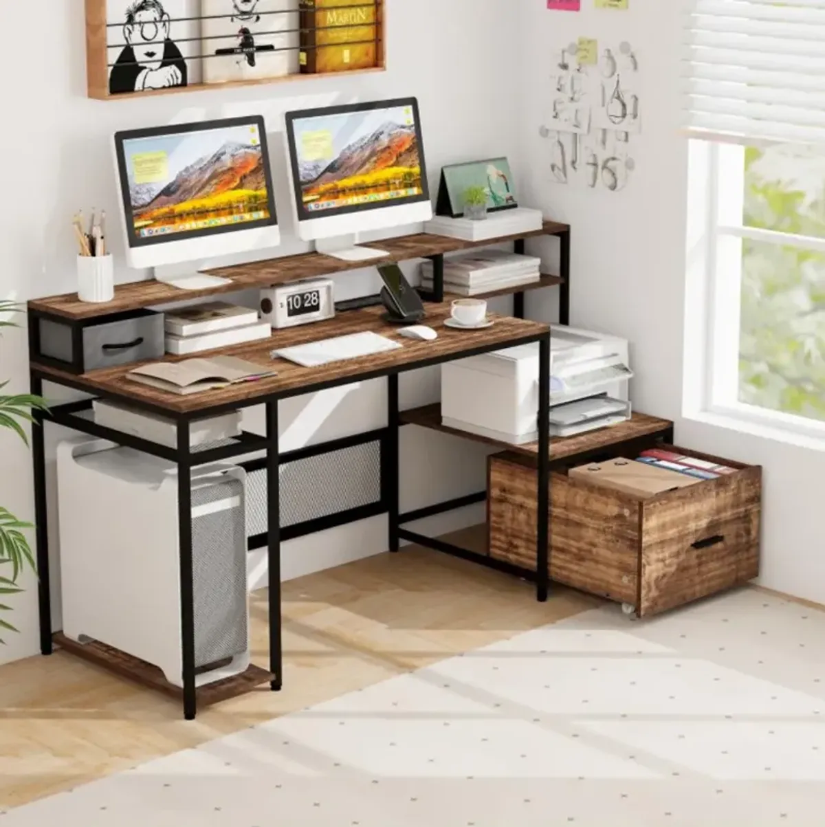 Hivvago 67 Inch Computer Desk with Monitor Stand & File Drawer