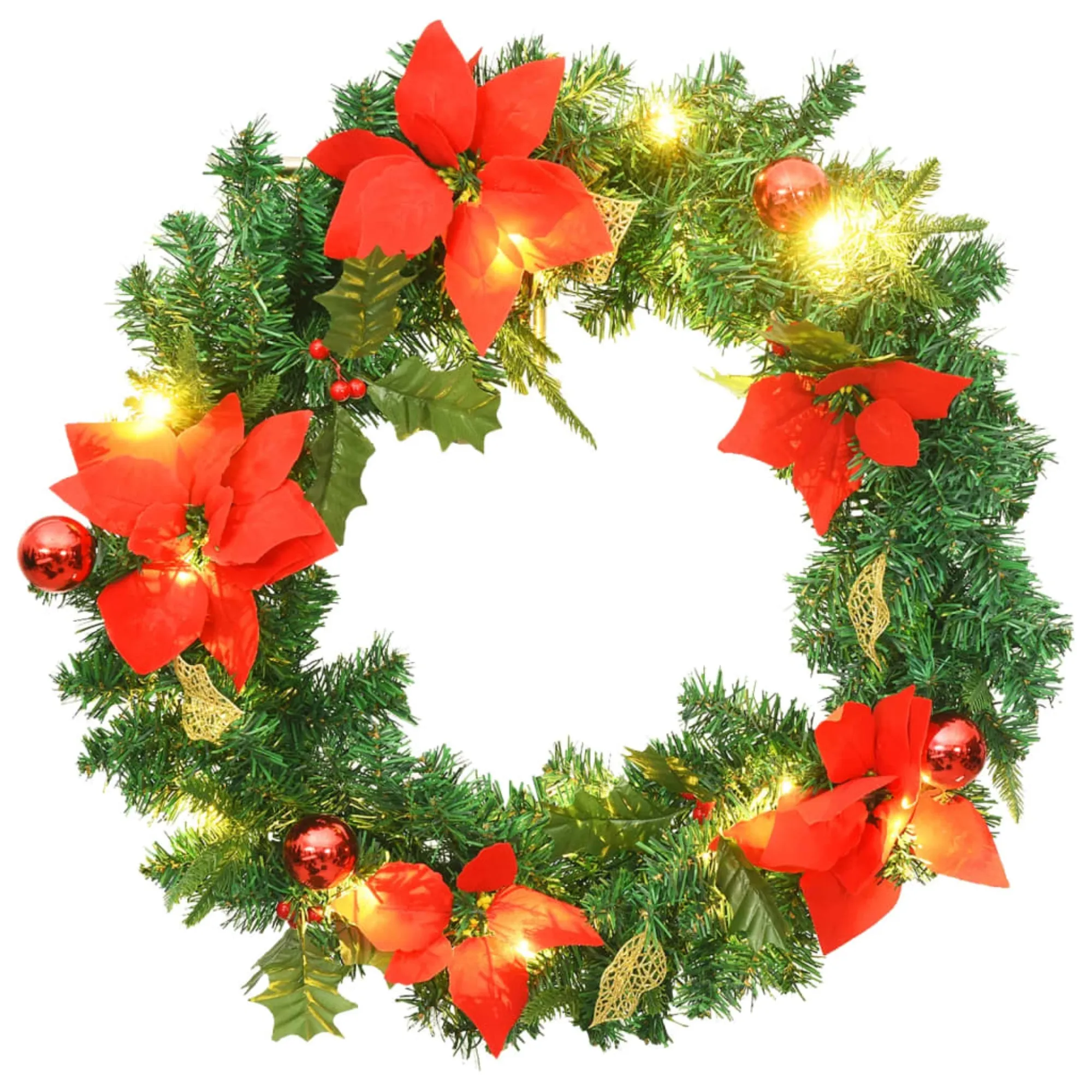 'vidaXL Christmas Wreath with LED Lights - Indoor/Outdoor Holiday Decoration - 23.6" Diameter - Green and Red PVC Material - USB Powered, Round Christmas Garland