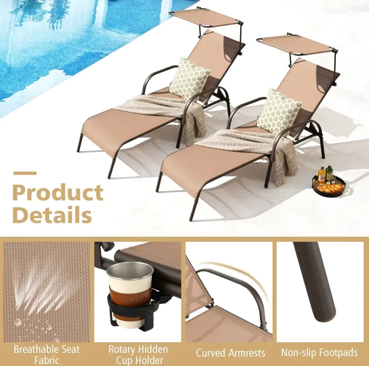 Patio Heavy-Duty 5-Level Adjustable Chaise Lounge Chair-Brown