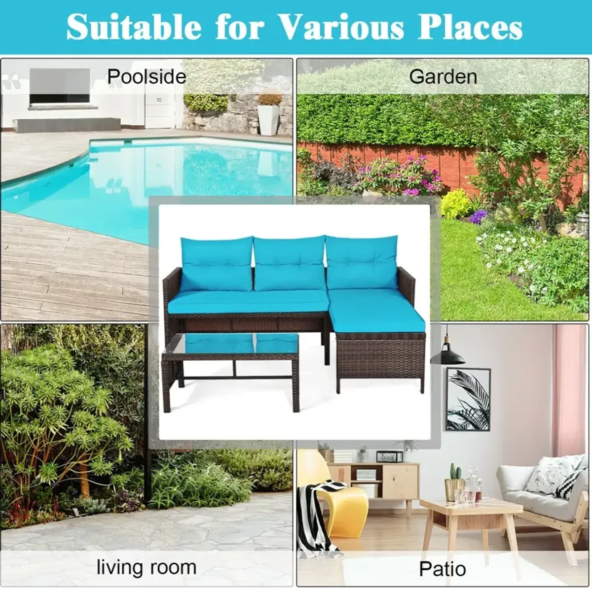 3 Pieces Outdoor Patio Corner Rattan Sofa Set-Turquoise