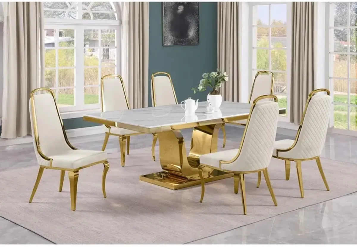 7pc Large(76") marble top dining set with gold base and 6 Cream side chairs