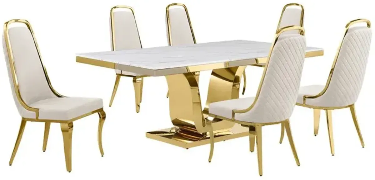 7pc Large(76") marble top dining set with gold base and 6 Cream side chairs