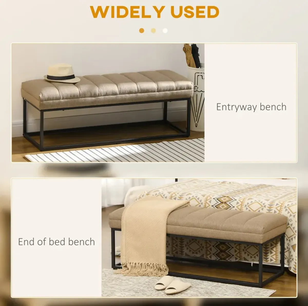 Brown Bedroom Accent: Upholstered Ottoman Bench with Steel Legs