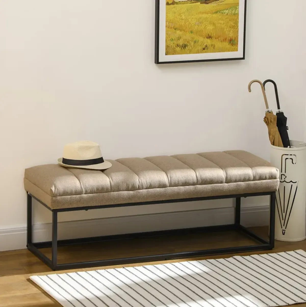 Brown Bedroom Accent: Upholstered Ottoman Bench with Steel Legs