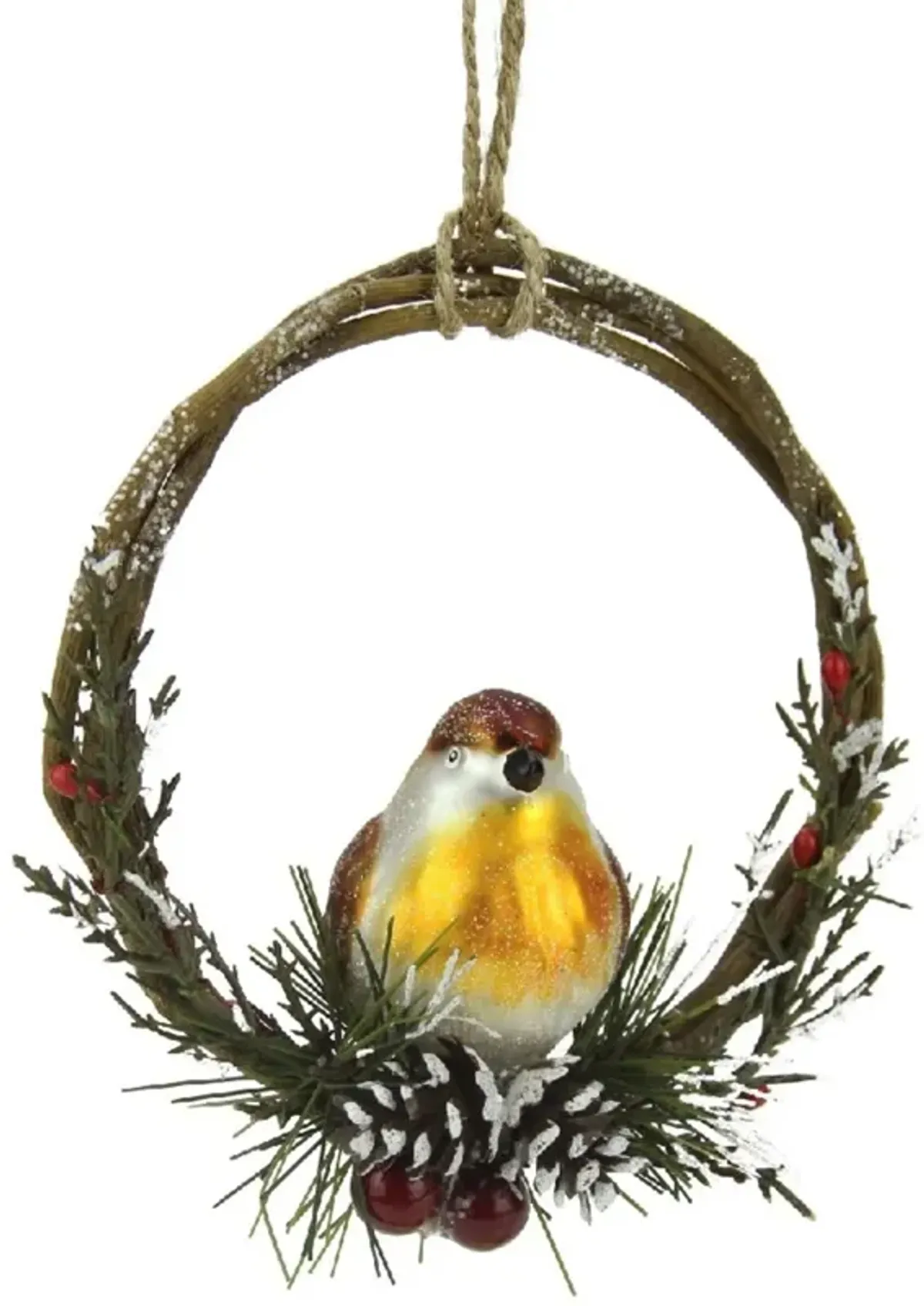 4" Brown Bird Sitting in a Twig Wreath Christmas Ornament