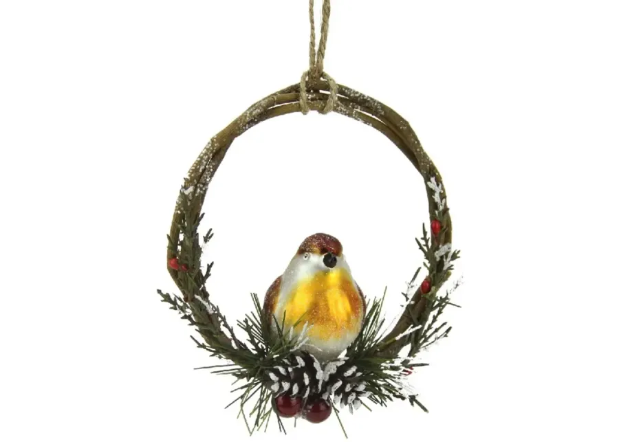 4" Brown Bird Sitting in a Twig Wreath Christmas Ornament