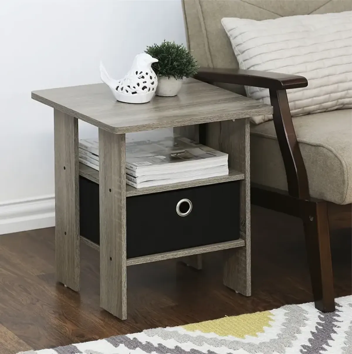 End Table Bedroom Night Stand w/Bin Drawer, French Oak Grey/Black