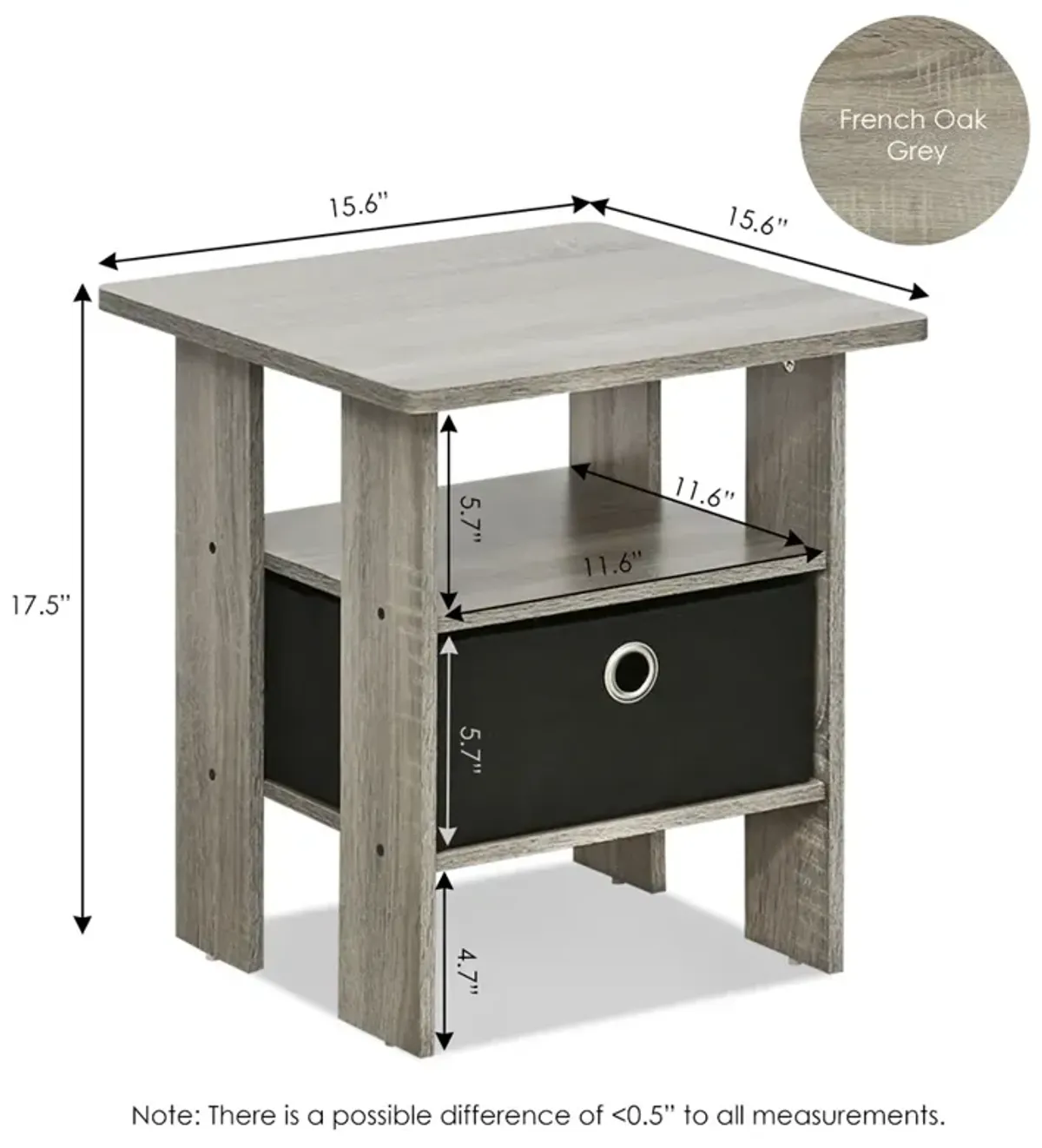 End Table Bedroom Night Stand w/Bin Drawer, French Oak Grey/Black