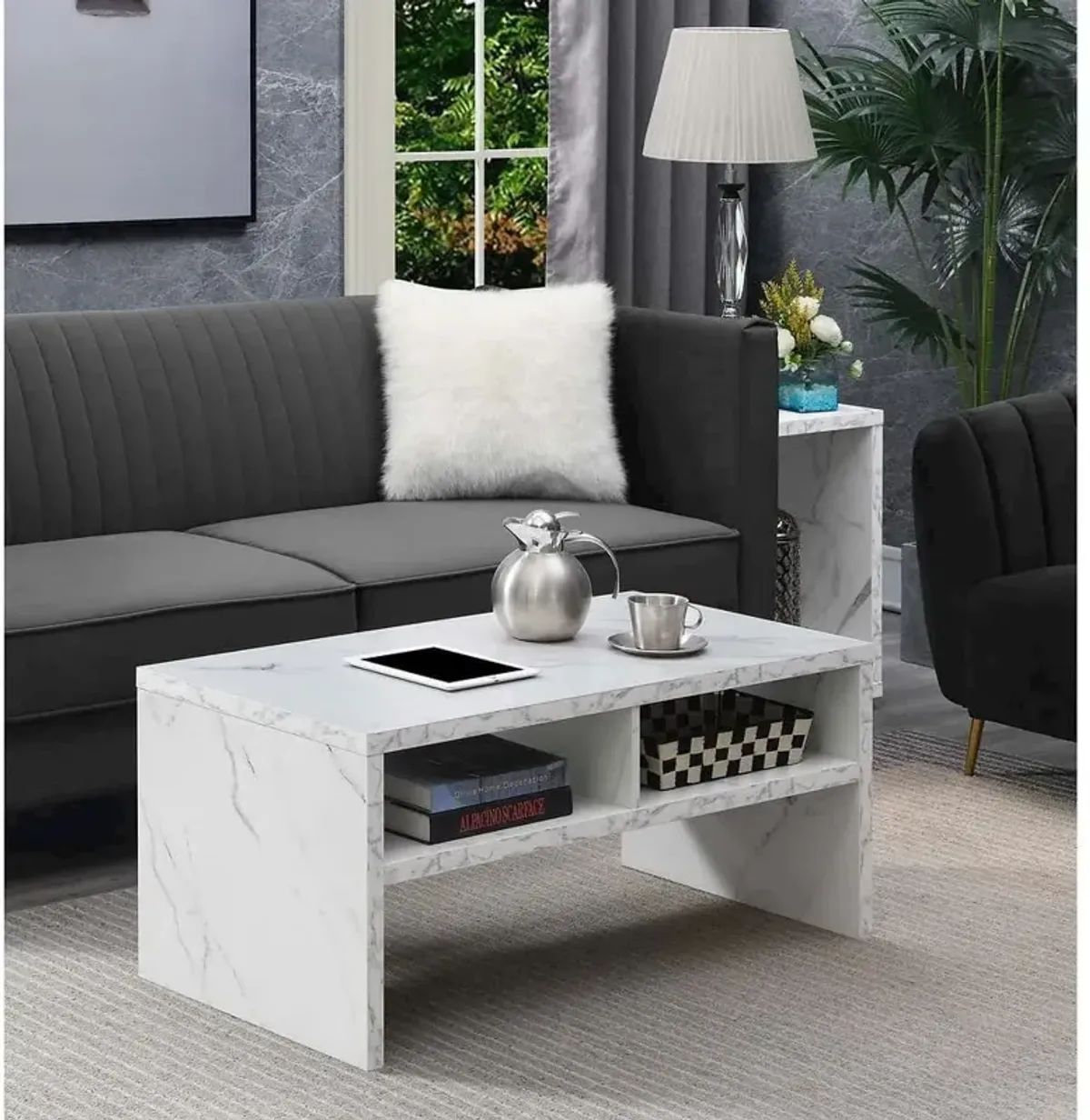 Convenience Concepts Northfield Admiral Deluxe Coffee Table with Shelves, White Faux Marble