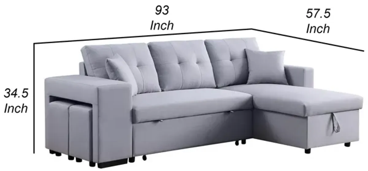 Everett 93 Inch Sleeper Sectional Sofa, Storage Chaise, Stools, Light Gray-Benzara