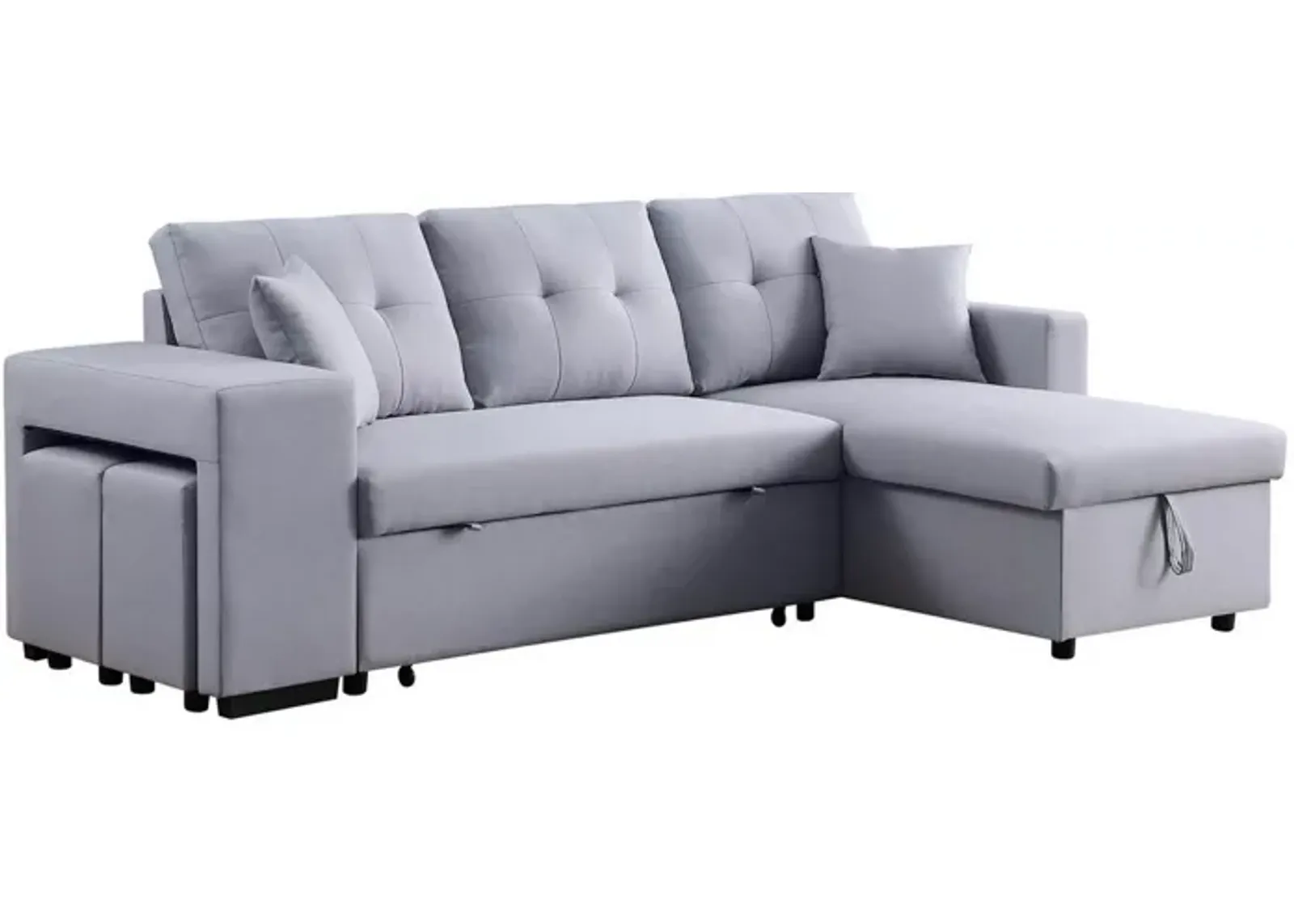 Everett 93 Inch Sleeper Sectional Sofa, Storage Chaise, Stools, Light Gray-Benzara