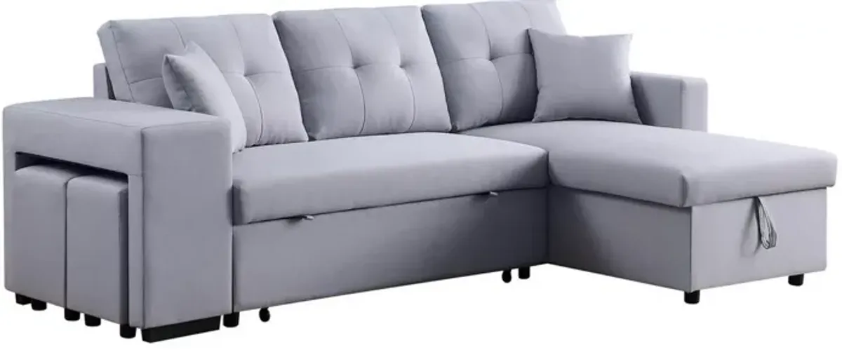 Everett 93 Inch Sleeper Sectional Sofa, Storage Chaise, Stools, Light Gray-Benzara