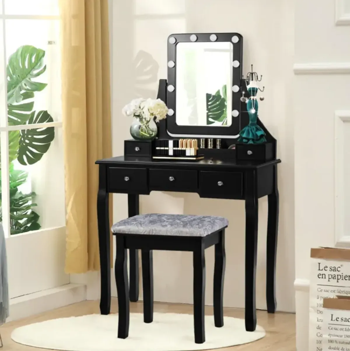 Hivvago Vanity Dressing Table Set with 10 Dimmable Bulbs and Cushioned Stool