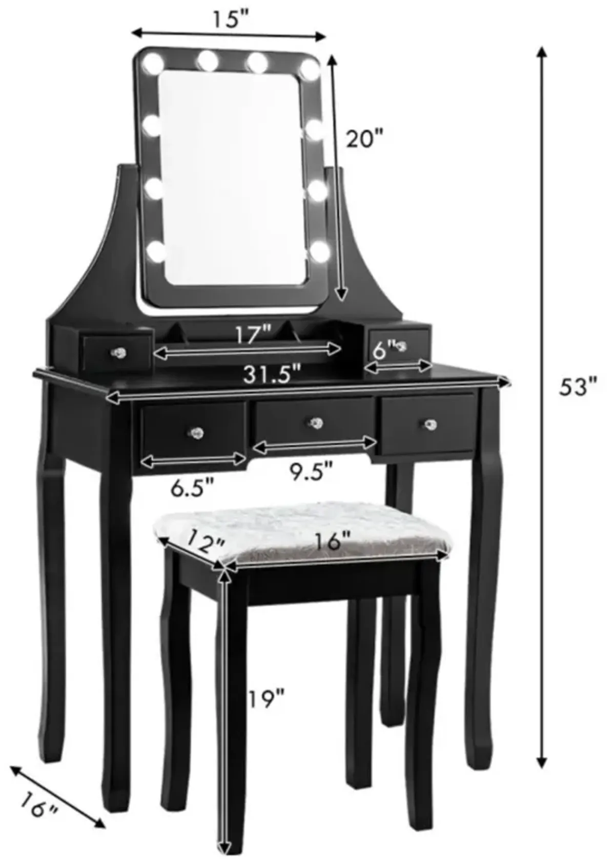 Hivvago Vanity Dressing Table Set with 10 Dimmable Bulbs and Cushioned Stool