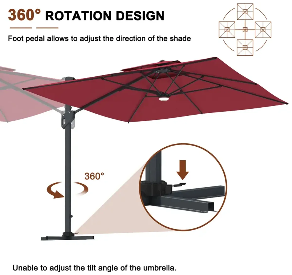 MONDAWE 10ft Square Solar LED Offset Cantilever Outdoor Patio Umbrella with Built-in Bluetooth Speaker