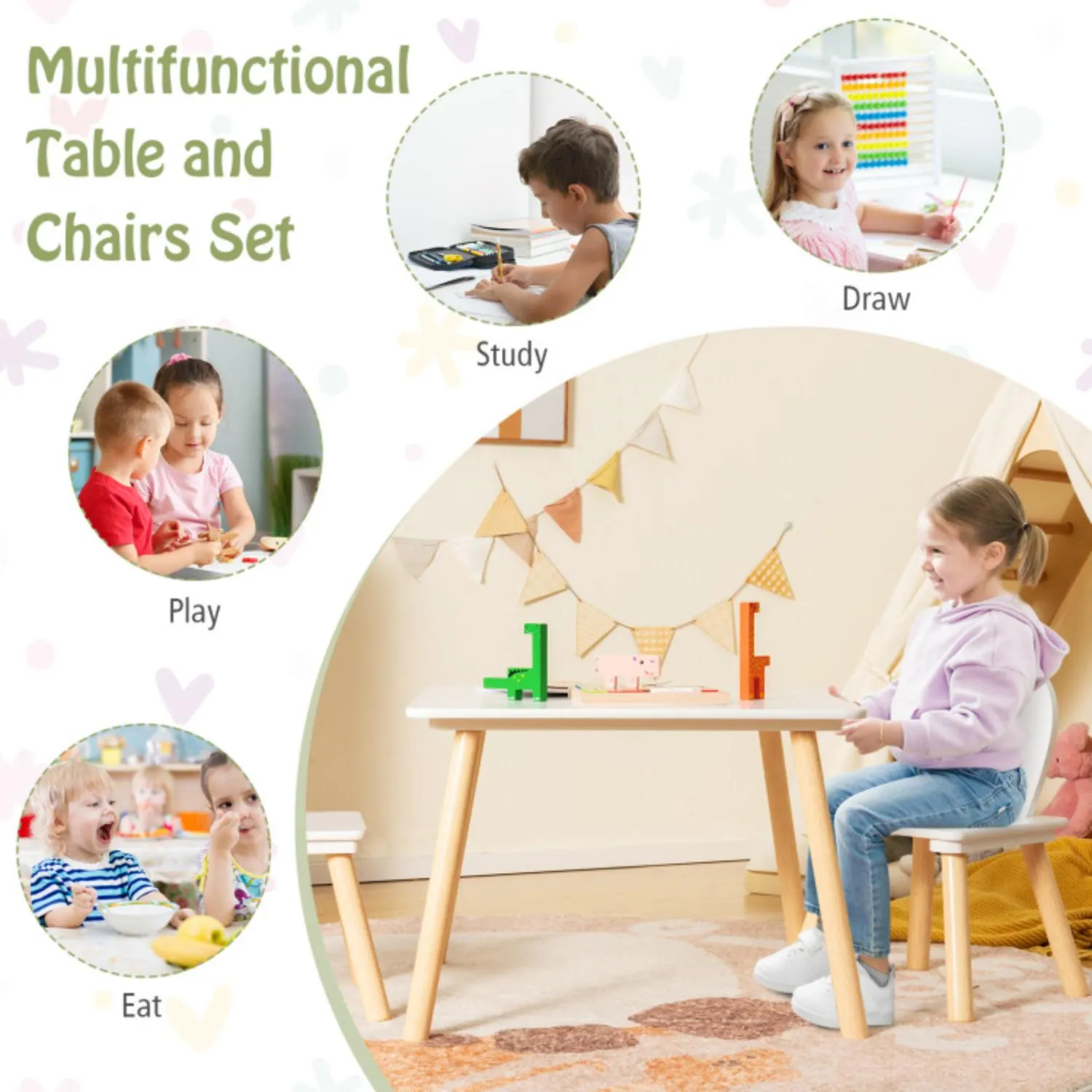 Hivvago 3 Pieces Kids Table and Chairs Set for Arts Crafts Snack Time-White