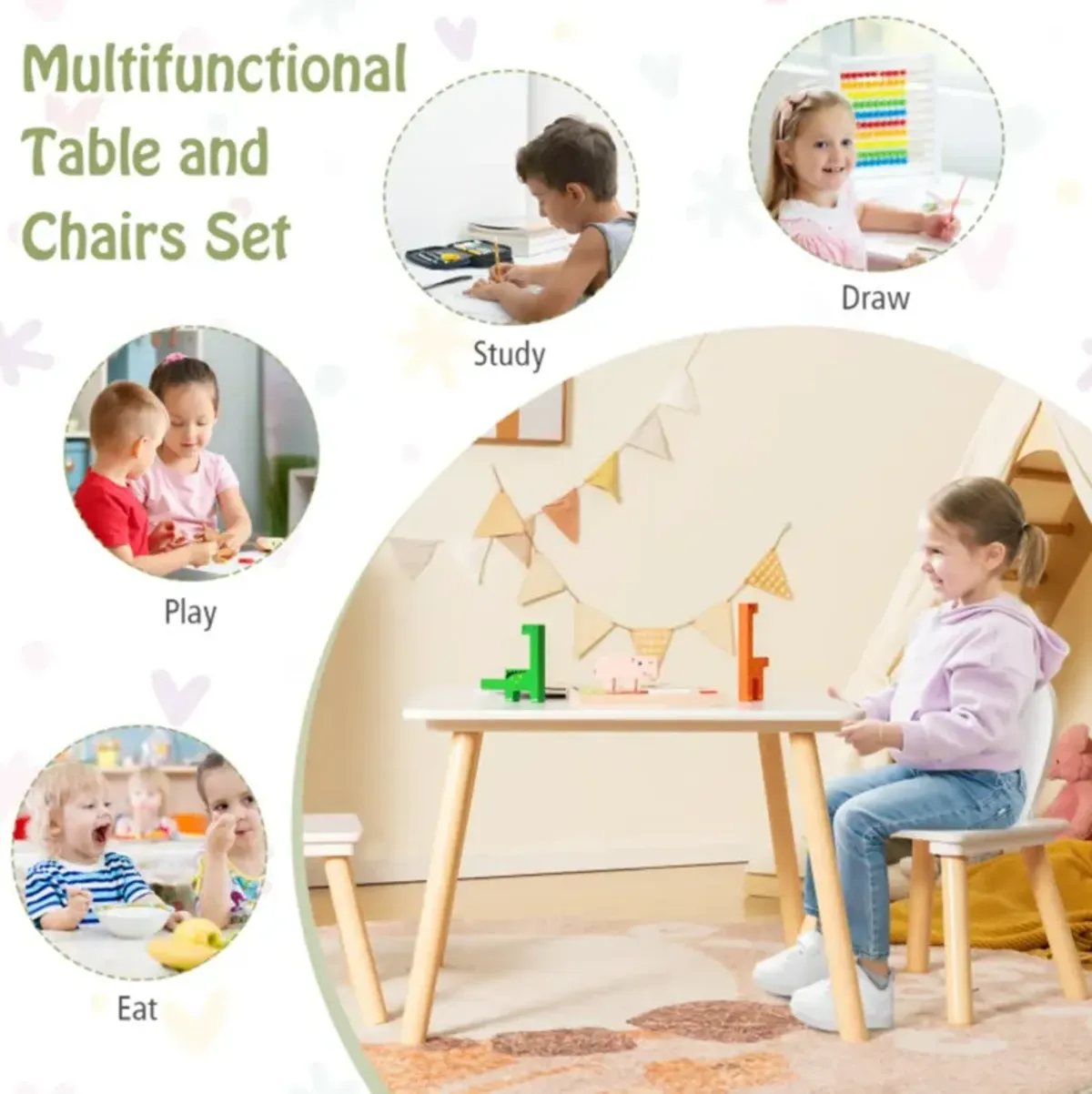 Hivvago 3 Pieces Kids Table and Chairs Set for Arts Crafts Snack Time-White