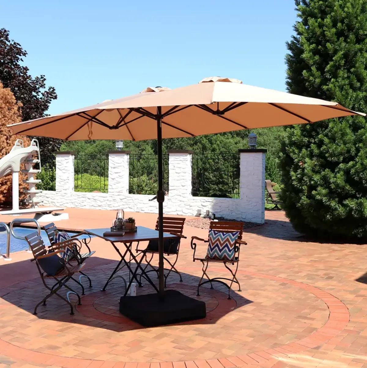 Sunnydaze 15 ft Steel Double-Sided Patio Umbrella with Sandbag Base