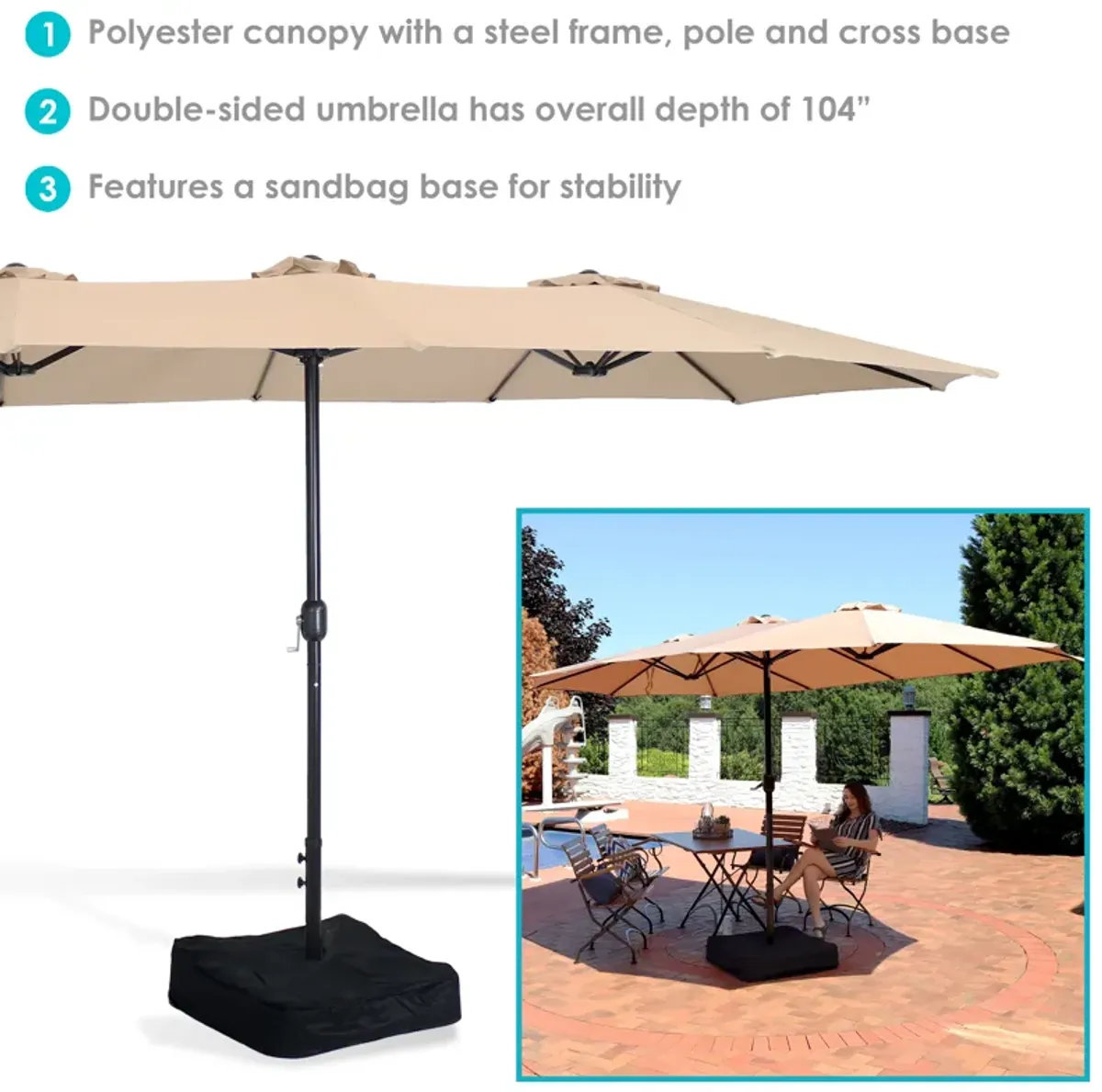 Sunnydaze 15 ft Steel Double-Sided Patio Umbrella with Sandbag Base