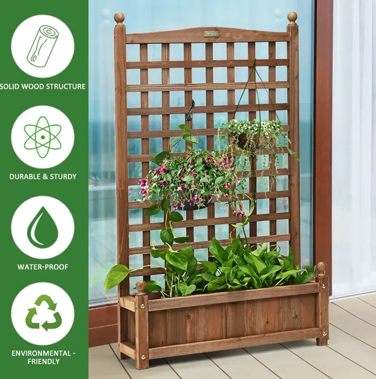 Solid Free Standing Wood Planter Box with Trellis for Garden