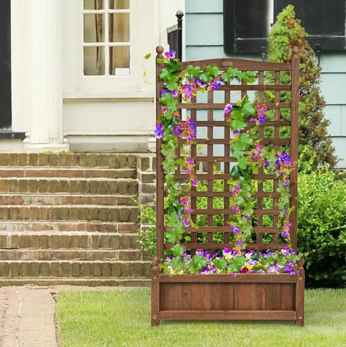 Solid Free Standing Wood Planter Box with Trellis for Garden