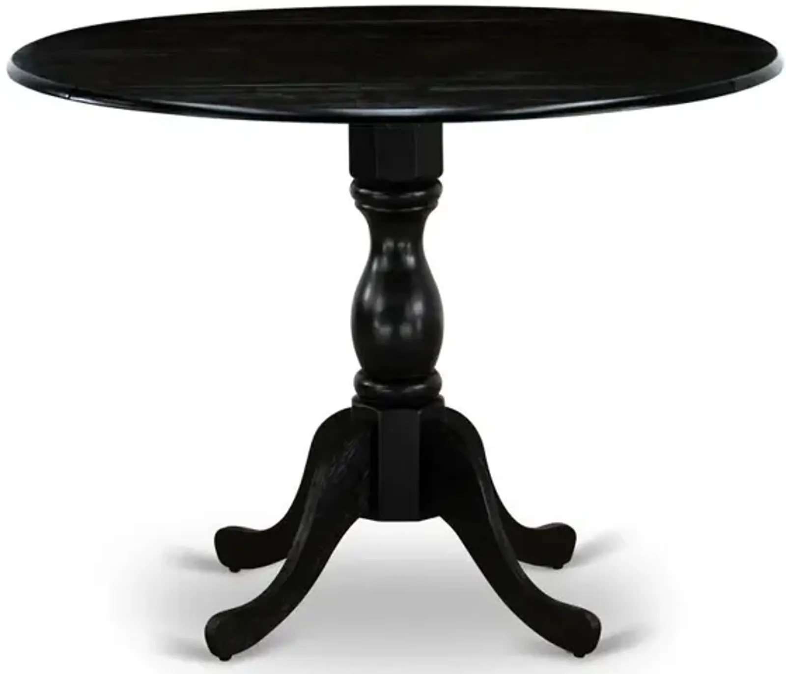 East West Furniture Round wood table Wire Brushed Black Color Table Top Surface and Asian Wood Drops Leave Kitchen table with Pedestal Legs - Wire Brushed Black Finish