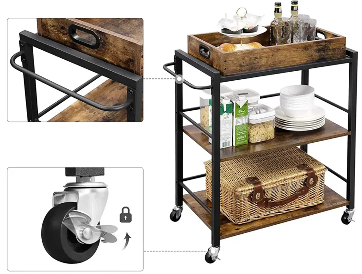 3-Tier Bar Cart with Wheels - Kitchen Serving Cart with Universal Casters, Brakes, and Leveling Feet