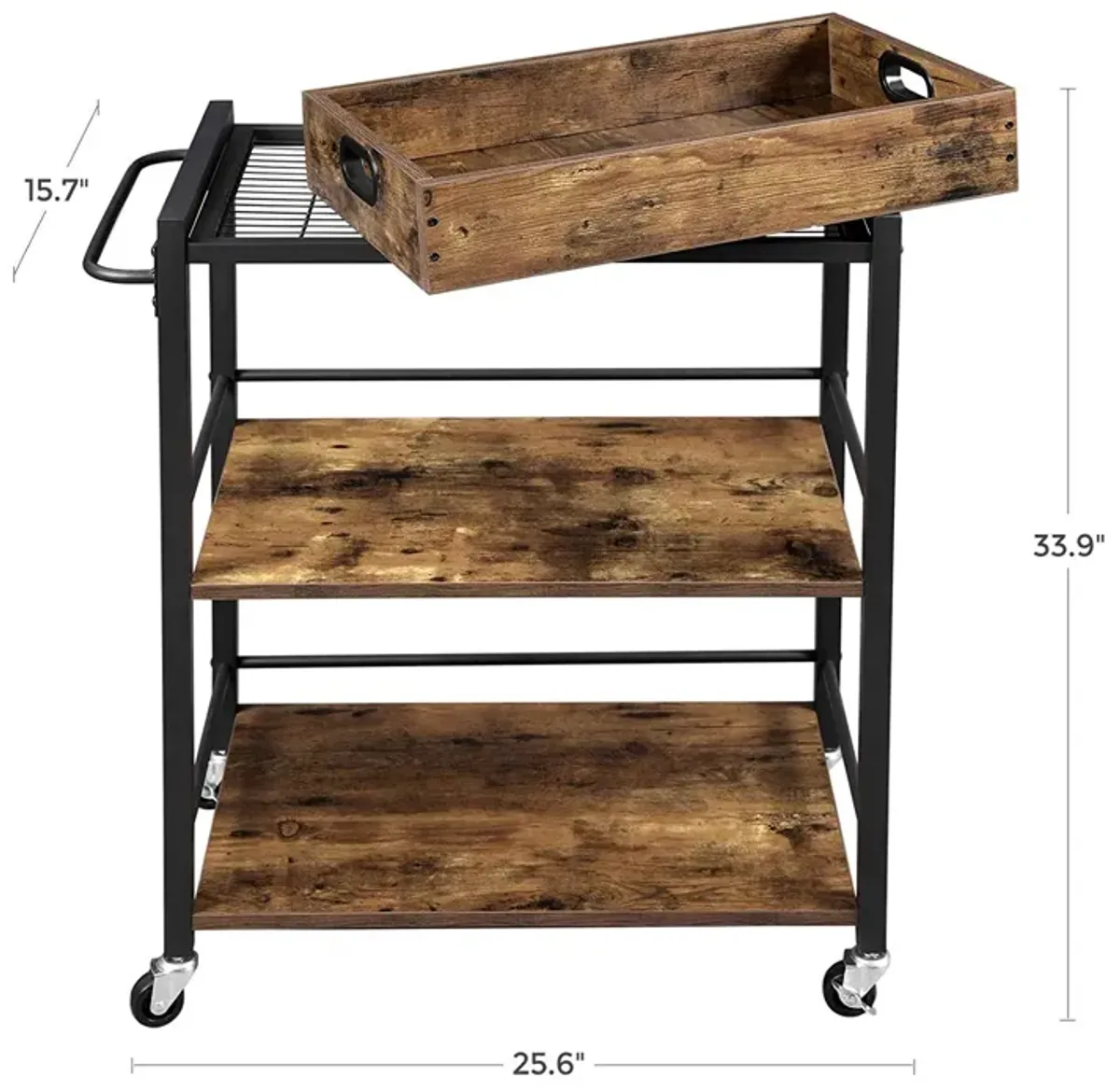 3-Tier Bar Cart with Wheels - Kitchen Serving Cart with Universal Casters, Brakes, and Leveling Feet