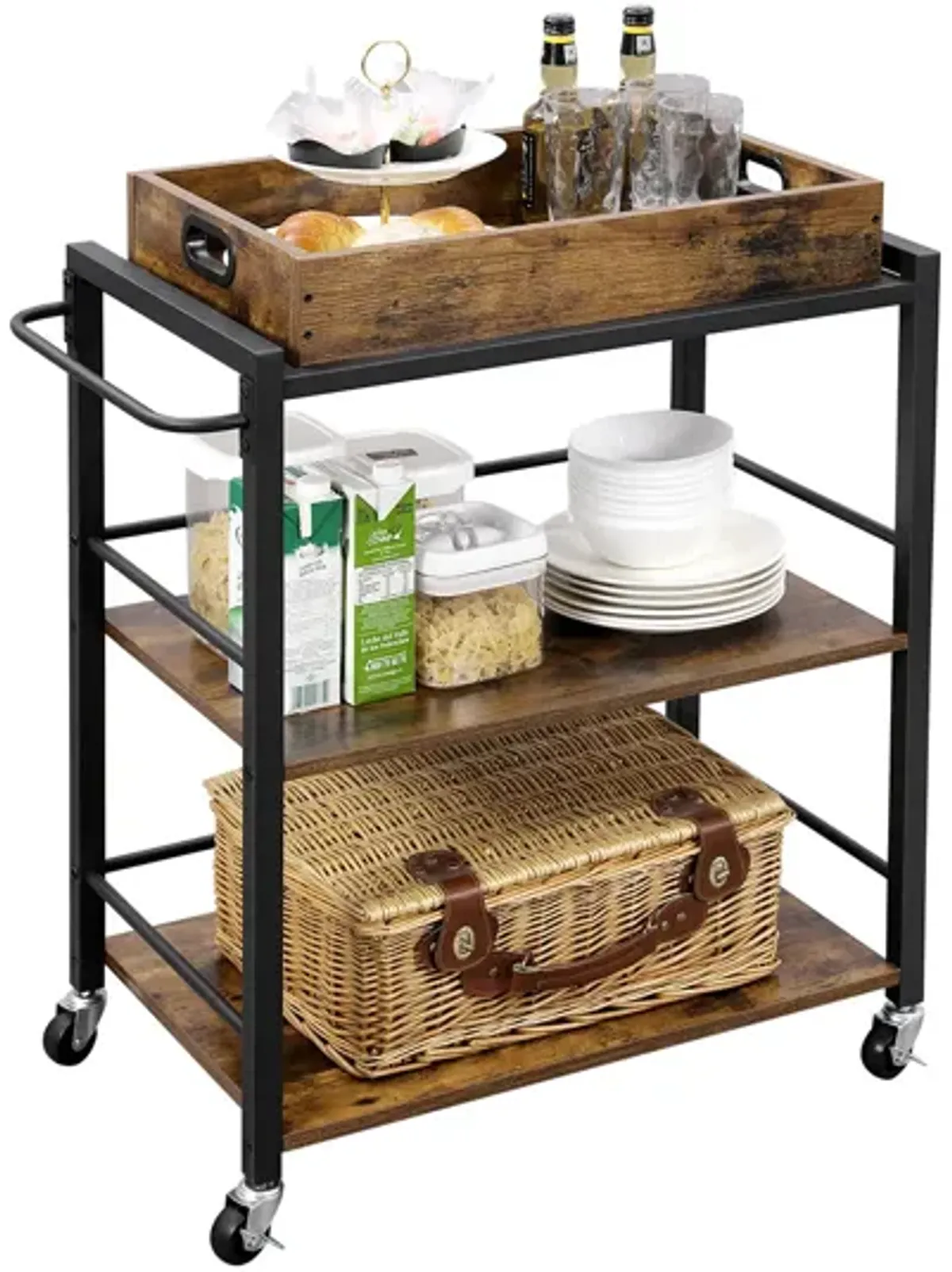 3-Tier Bar Cart with Wheels - Kitchen Serving Cart with Universal Casters, Brakes, and Leveling Feet