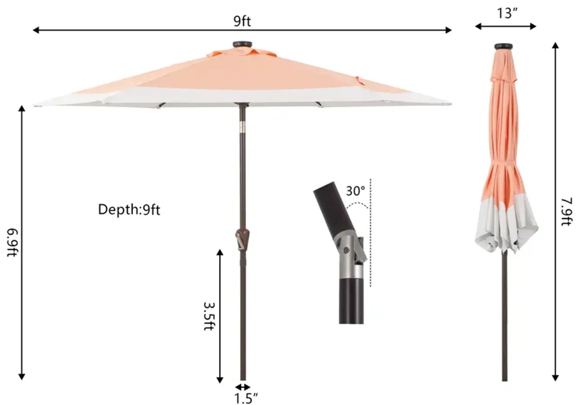 Spencer Classic Coastal 2-Tone Solar LED Market Patio Umbrella with 12 LED Strip Lights, Auto-Tilt, Crank and UV Protection