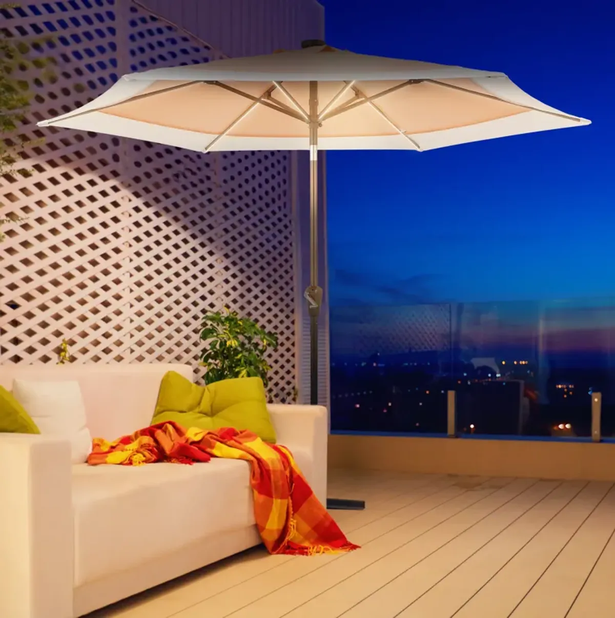 Spencer Classic Coastal 2-Tone Solar LED Market Patio Umbrella with 12 LED Strip Lights, Auto-Tilt, Crank and UV Protection