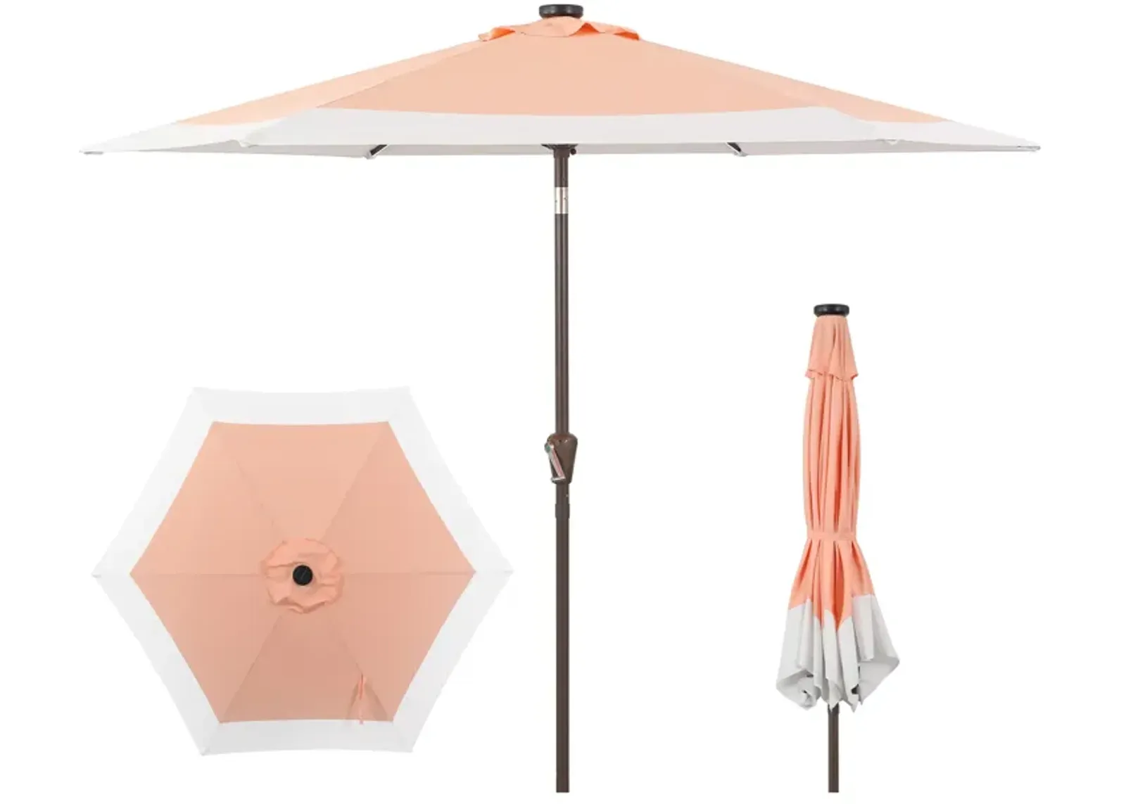 Spencer Classic Coastal 2-Tone Solar LED Market Patio Umbrella with 12 LED Strip Lights, Auto-Tilt, Crank and UV Protection