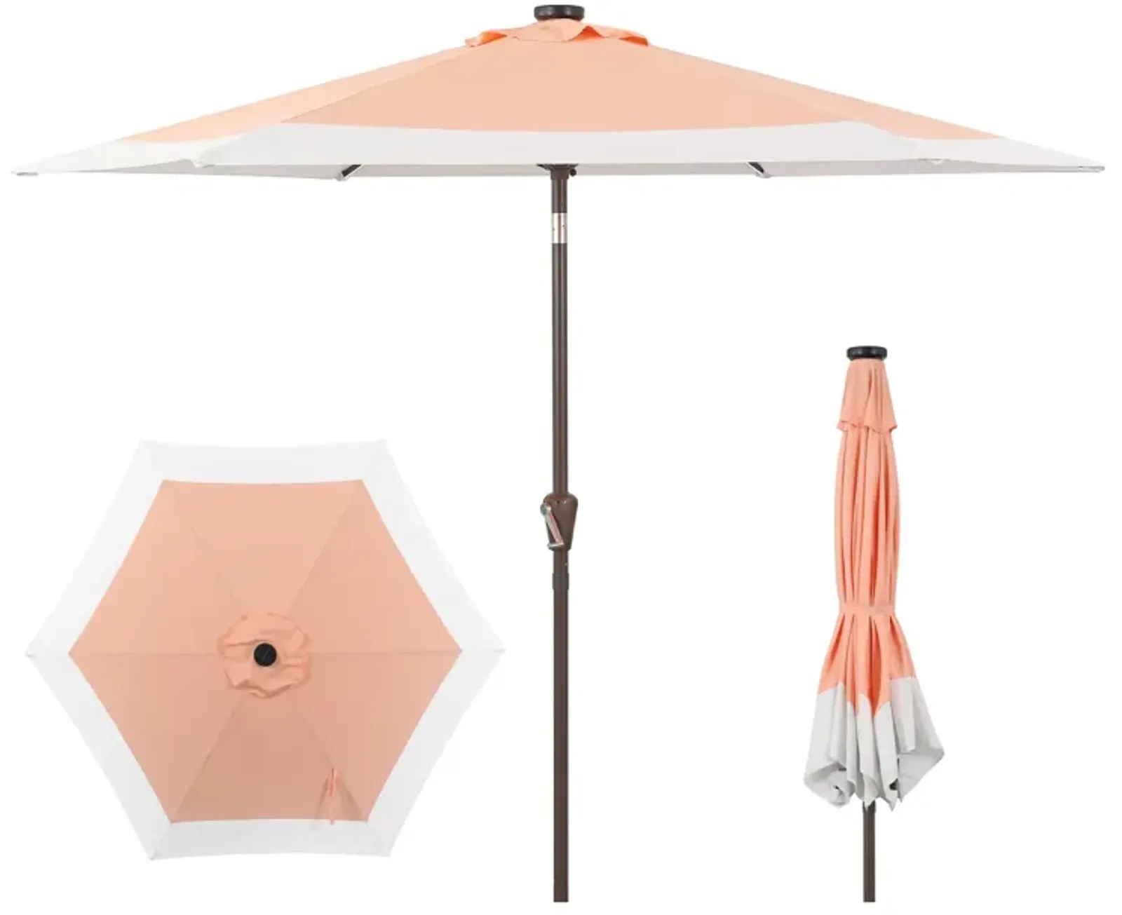 Spencer Classic Coastal 2-Tone Solar LED Market Patio Umbrella with 12 LED Strip Lights, Auto-Tilt, Crank and UV Protection