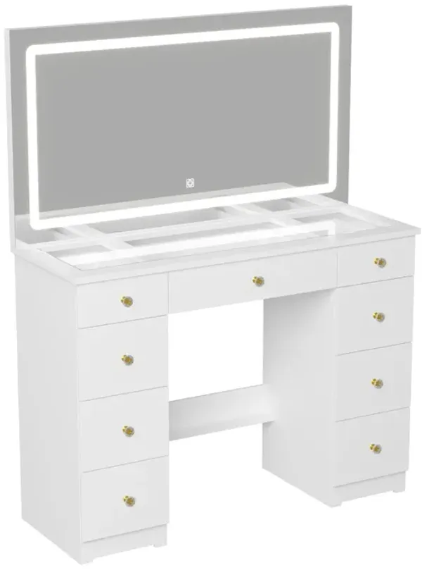 FUFU&GAGA Large Mirror Vanity Dresser with 9 Drawers & LED Lighting, Tempered Glass Top, Open Shelf, and Crystal Knobs, Modern White Finish (43.3 in.  W x 15 in.  D x 55 in.  H)