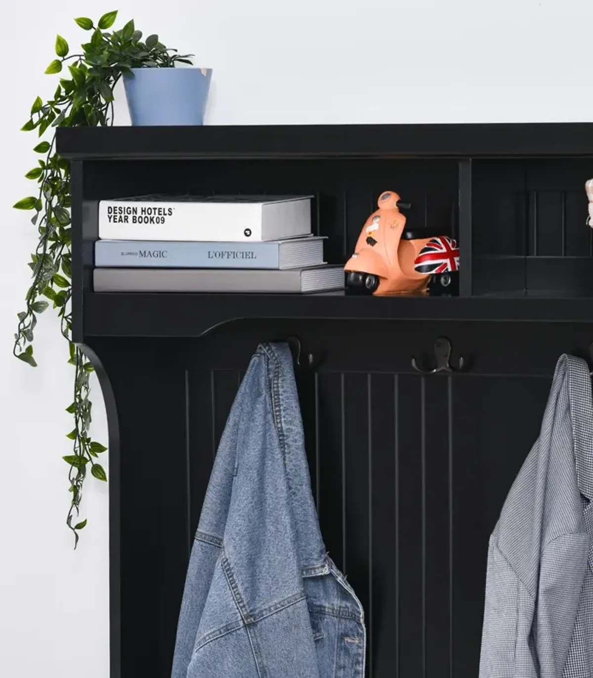 Black Entryway Solution: Hall Cabinet with Coat Hooks & Shoe Bench