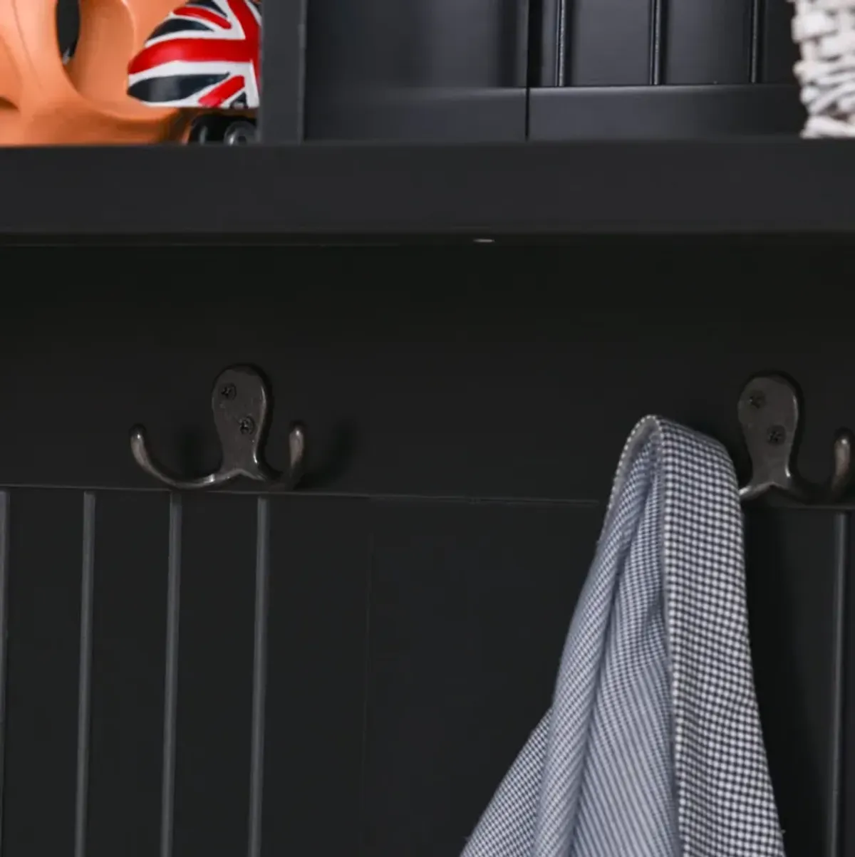 Black Entryway Solution: Hall Cabinet with Coat Hooks & Shoe Bench